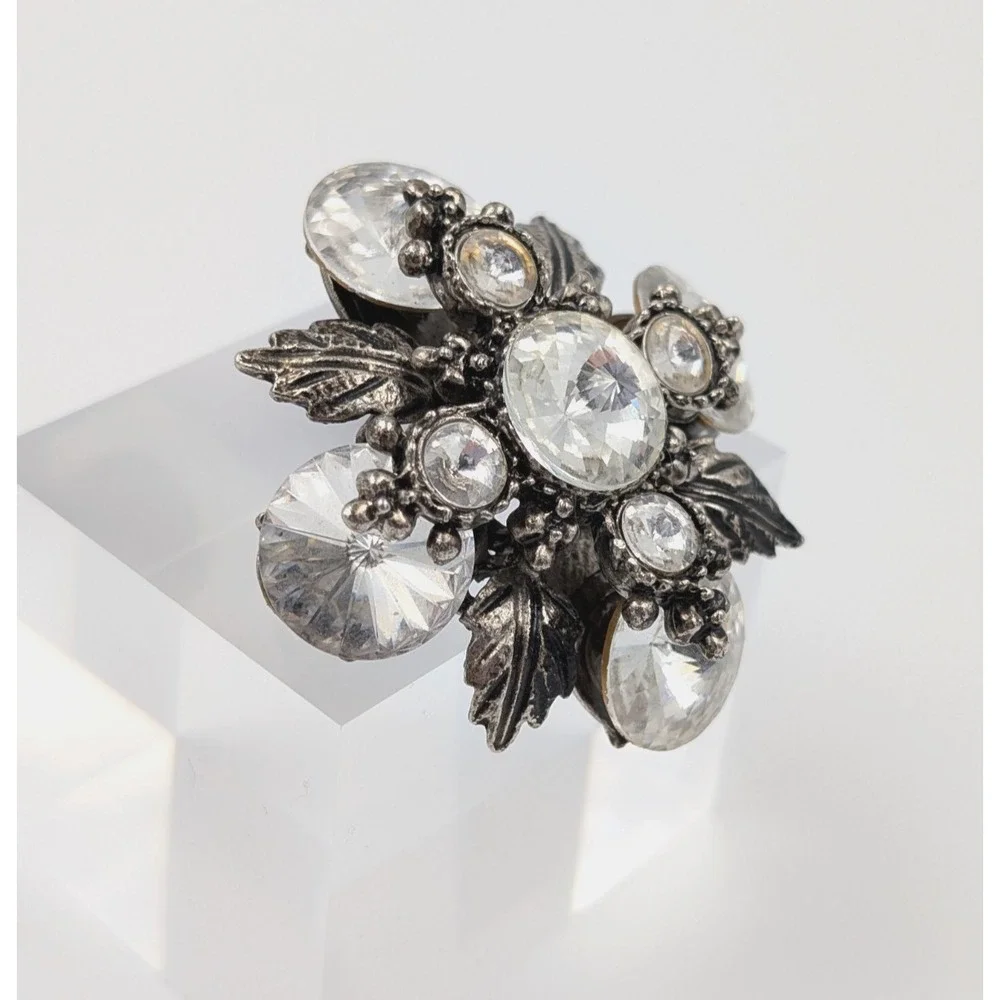 VTG Silver Tone Snowflake Leaf‎ Pendant Brooch Clear Rhinestone Flower Statement